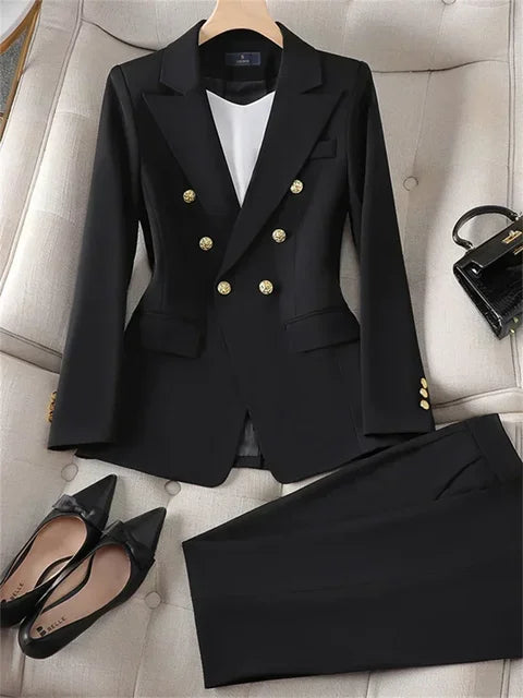 2pcs Blazer Set Women Suit Elegant Office Wear Double Breasted Set