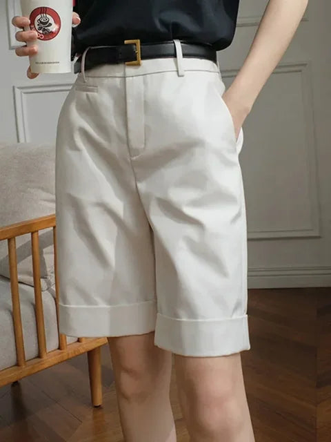 Shorts for Women High Waist Knee Length Straight Pants with Belt