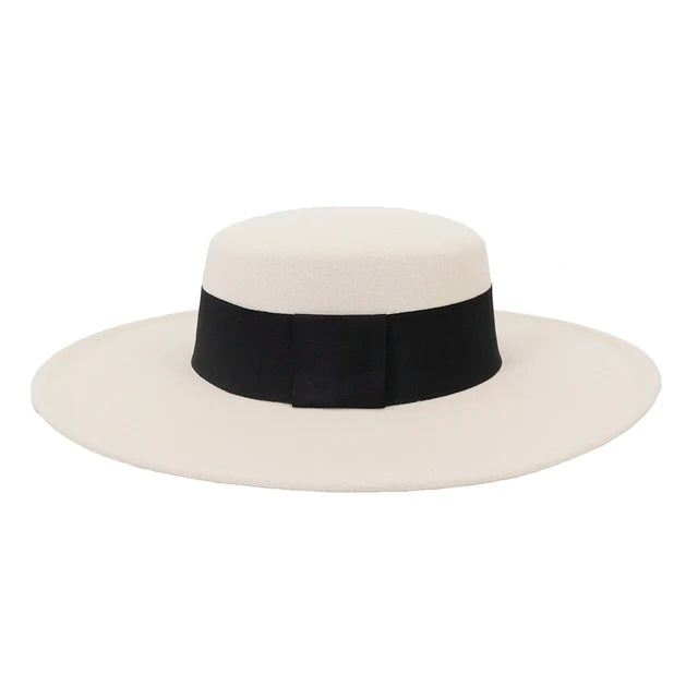 French Women's Hat Big Wide Brim Fedora Hats Flat Top Felt Hat