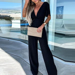 Elegant High Waist Romper V Neck Solid Color Wide Leg Pants Jumpsuit