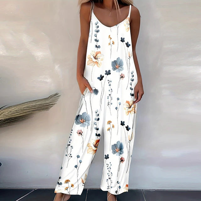 V-neck Pocket Beach Jumpsuit Romper Casual Printed Patchwork Romper