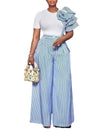 Stripe Print Flower Ruffle Sleeve Shirt Top and Wide Leg Pants 2pc Set
