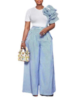 Stripe Print Flower Ruffle Sleeve Shirt Top and Wide Leg Pants 2pc Set