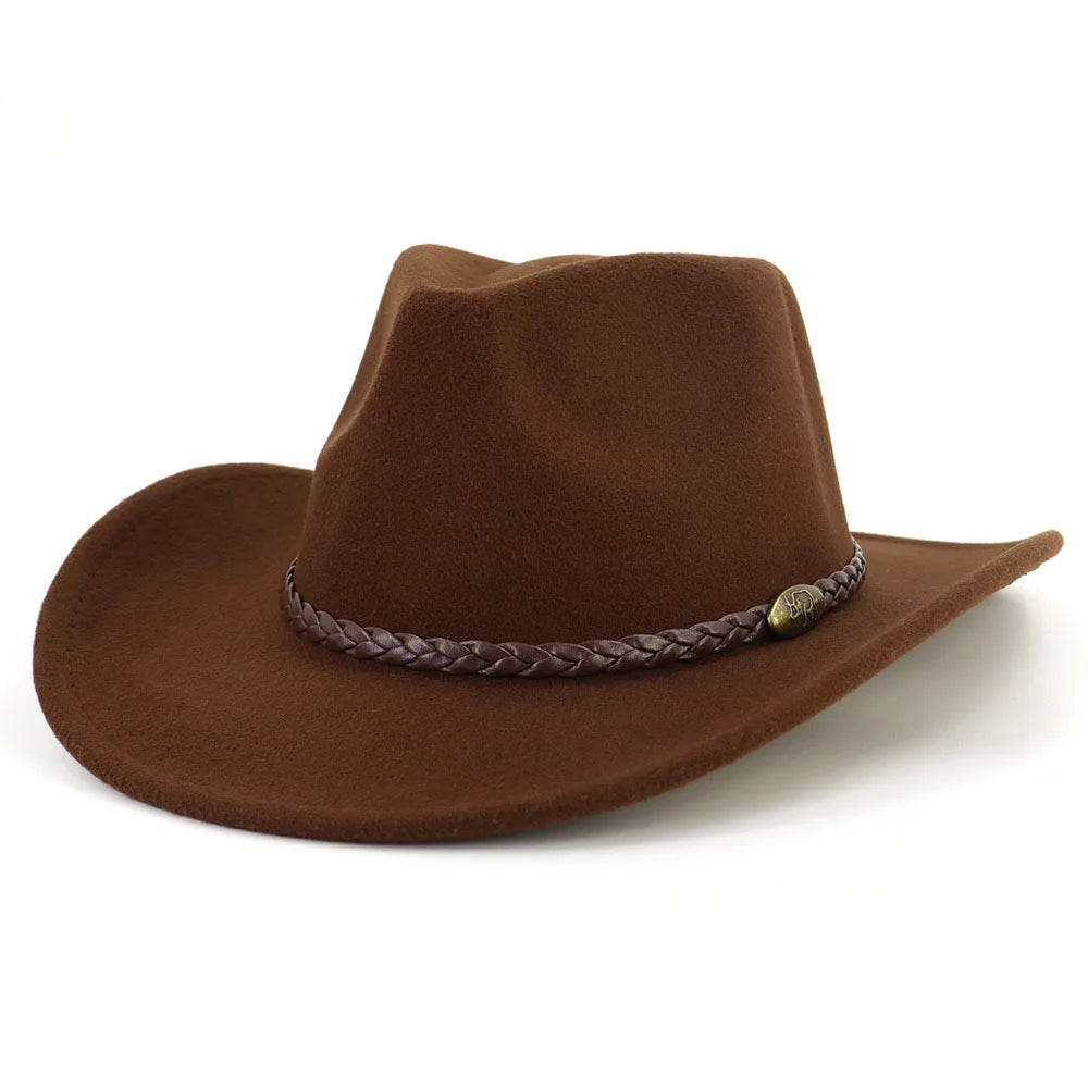 Western Cowboy Woolen Fedoras Hat Wide Brim Elegant Felt Cap