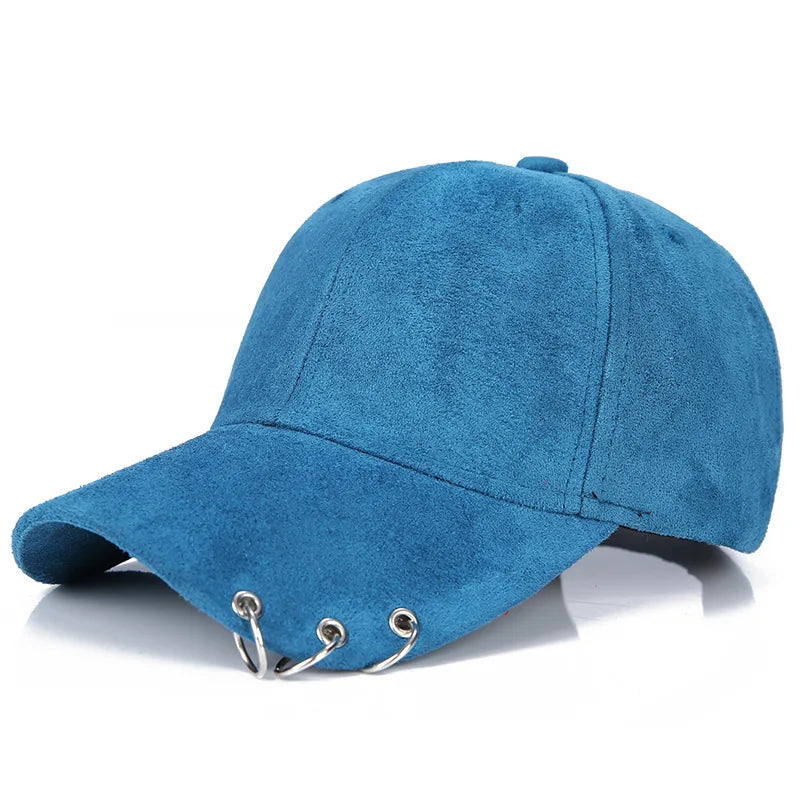 Plain Suede Baseball Cap with Iron Ring Adjustable Peaked Snapback Hat