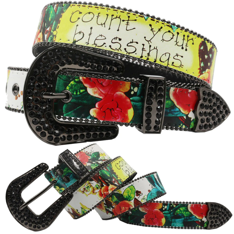 Flower Diamond Wide Buckle Belt For Women men Vintage Rhinestone Belt