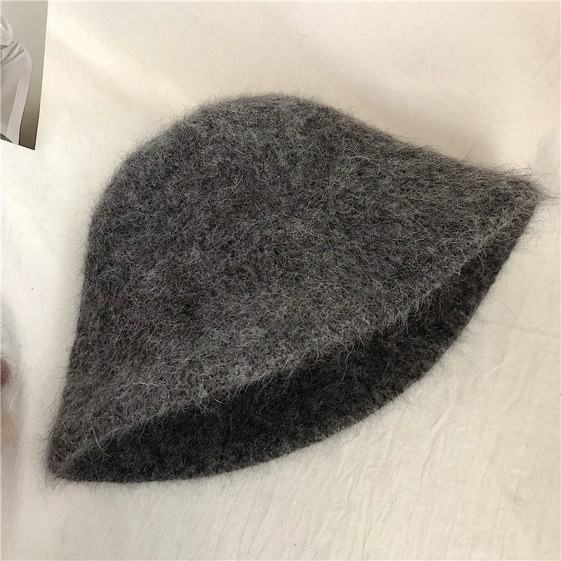 Autumn Winter Wool Fur Cap for Women Soft Warm Wool Basin Bucket Hat