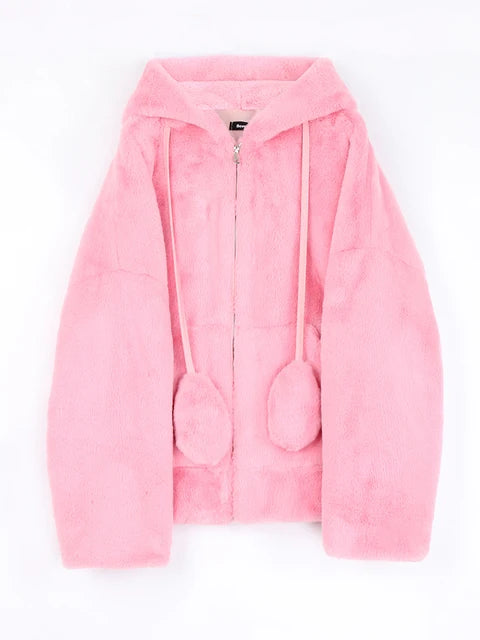 Spring Fluffy Jacket With Rabbit Ears Sleeve Zipper Faux Fur Hoodie