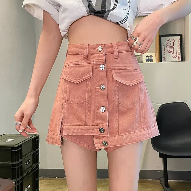 Single-breasted Mini Denim Skirt Women A-line Asymmetrical Skirts