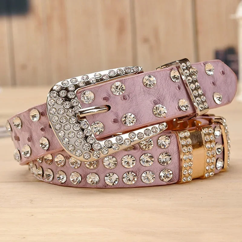 New Fashion Rhinestone Belt Luxury Designer Leather Cowskin Women Belt