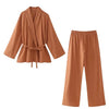 Linen Cotton Lace Up Shirt Pant Suit Long Sleeve Belt V-neck Top Set