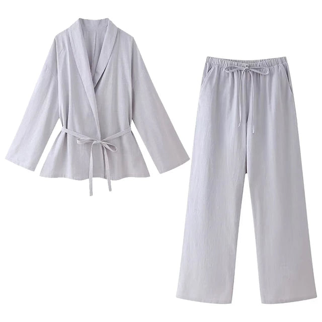 Linen Cotton Lace Up Shirt Pant Suit Long Sleeve Belt V-neck Top Set