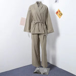 Linen Cotton Lace Up Shirt Pant Suit Long Sleeve Belt V-neck Top Set