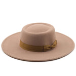 Vintage Wide Brim Wool Boater Felt Hat Flat Top Fedora with Bowknot