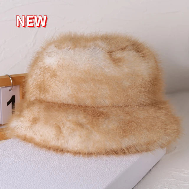 Fluffy Faux Fur Bucket Hats Women Warm Thick Plush Winter Hat