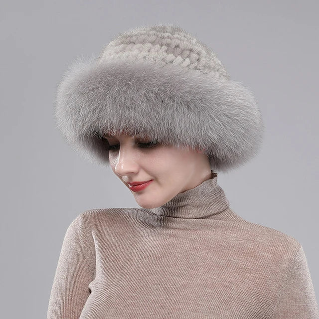 Soft Genuine Fur Hats Women Winter Knitted Bomber Hat Natural Fur