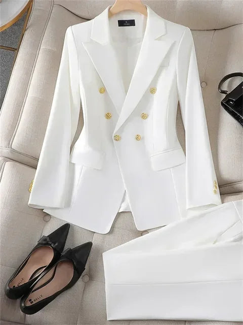 2pcs Blazer Set Women Suit Elegant Office Wear Double Breasted Set