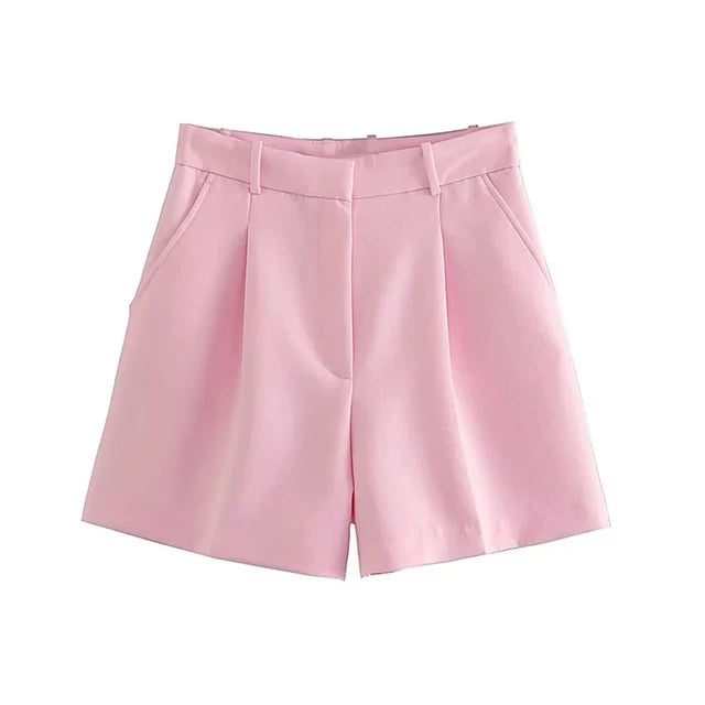 Women Side Pockets Front Darts Bermuda Shorts High Waist Shorts