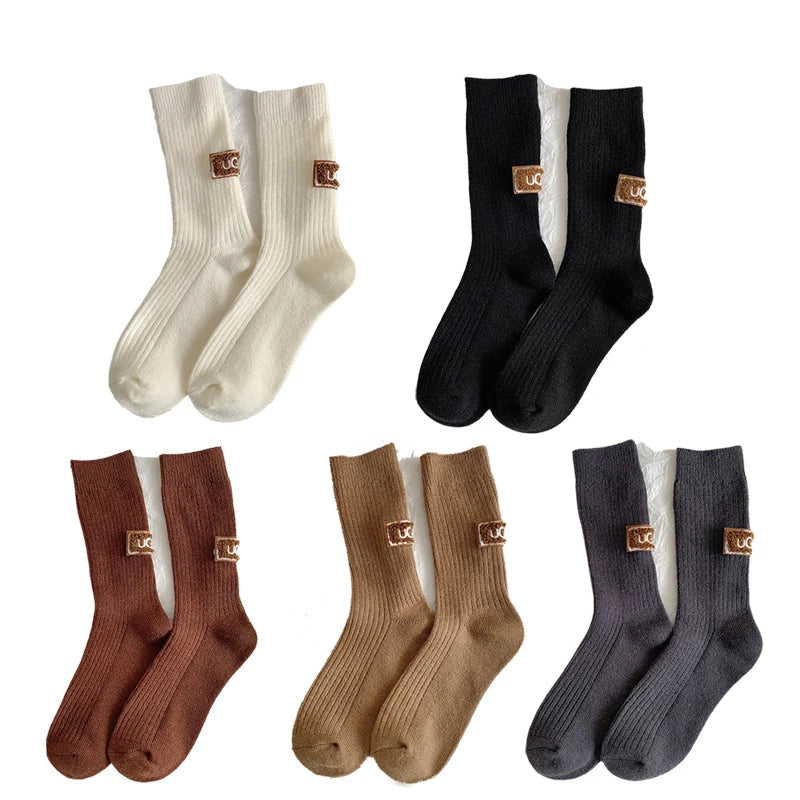 Cashmere Wool 5 pairs Socks Solid Warm Embroidered Mid Calf Socks