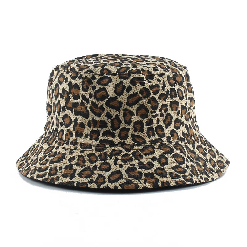 Reversible Leopard Print Bucket Hat Cotton Panama Outdoor Sun Cap