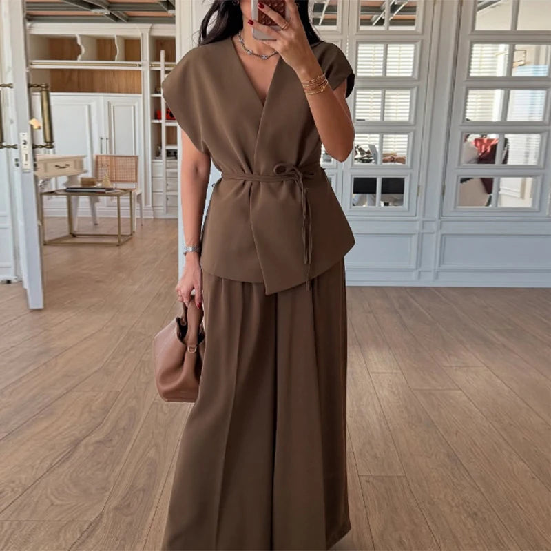 Loose Lace Up V-neck Short Sleeve Shirt Pleated Wide Leg Pants Set