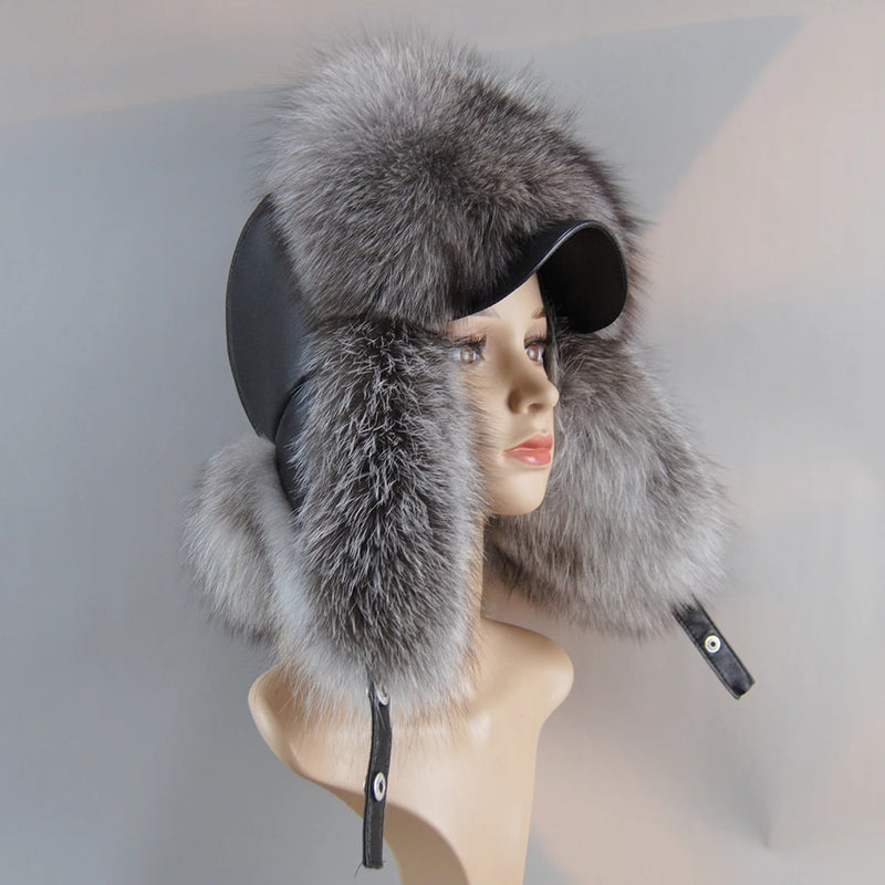 Real Leather Fox Fur Women Hat Snow Skiing Earflap Winter Outdoor Cap