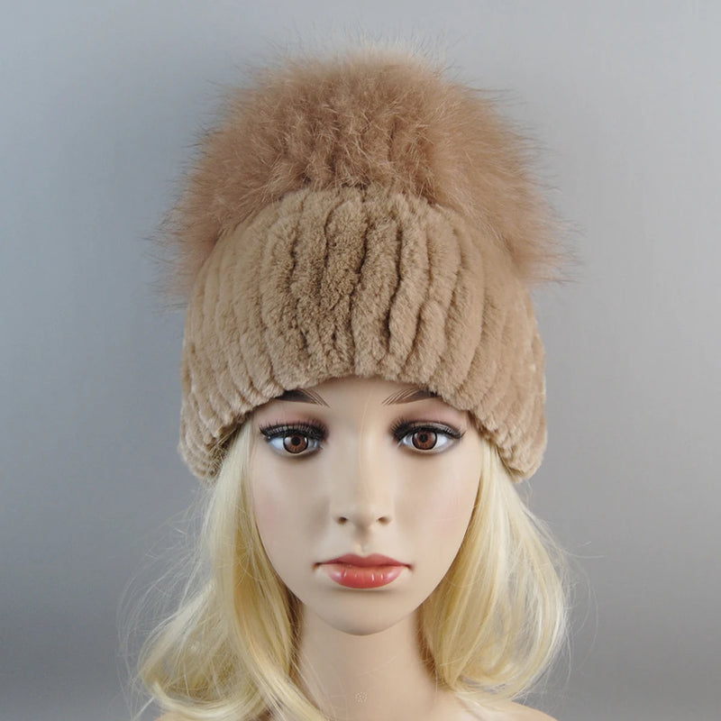 Winter Warm Real Fur Genuine Hat Bomber Beanies Cap for Women