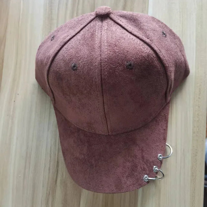 Plain Suede Baseball Cap with Iron Ring Adjustable Peaked Snapback Hat