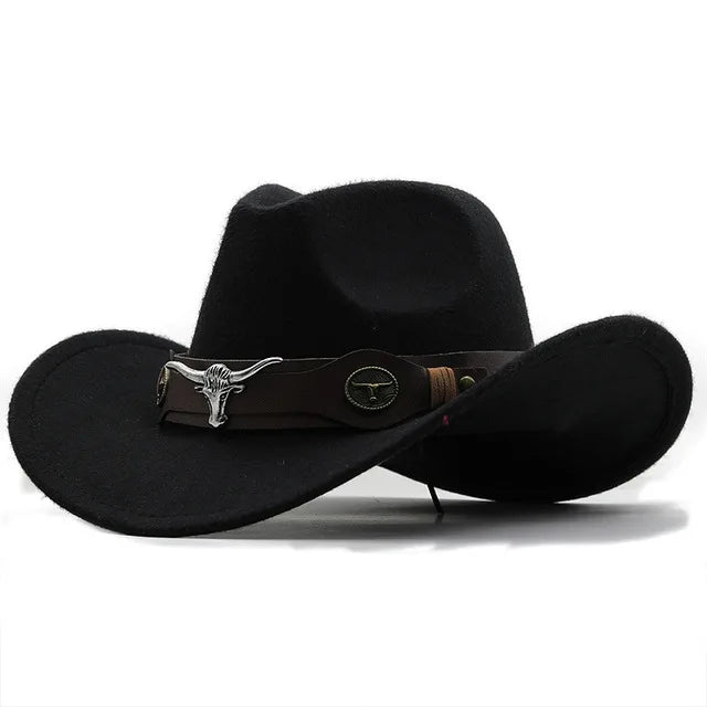 Western Roll Brim Cowboy Fedora Felt Hat with Cow Band for All Ages