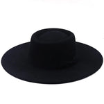 Vintage Wide Brim Wool Boater Felt Hat Flat Top Fedora with Bowknot