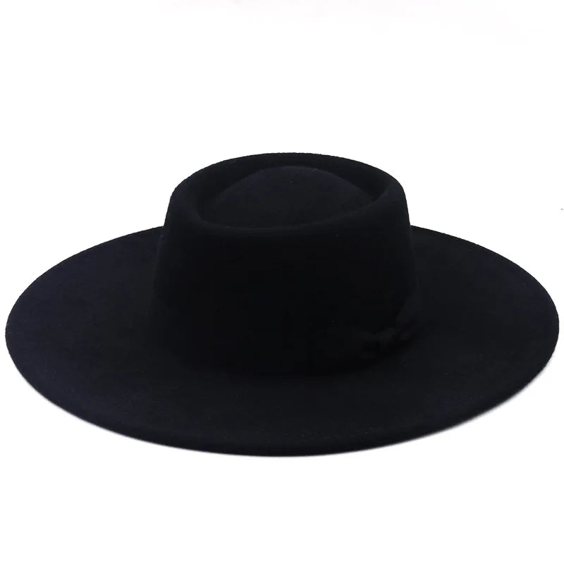 Vintage Wide Brim Wool Boater Felt Hat Flat Top Fedora with Bowknot