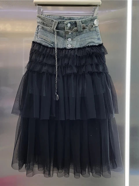 Women's Denim Skirt High Waist Patchwork Multi-layer Mesh A-line Skirt