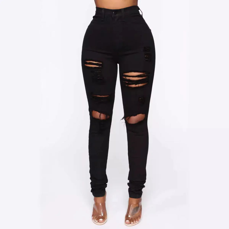 High-waisted Jeans Stretch Wash Ripped Breasted Denim Pencil Pants 