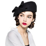 Elegant Wool Felt Beret Cap Ladies Pillbox Vintage Hat with Bow