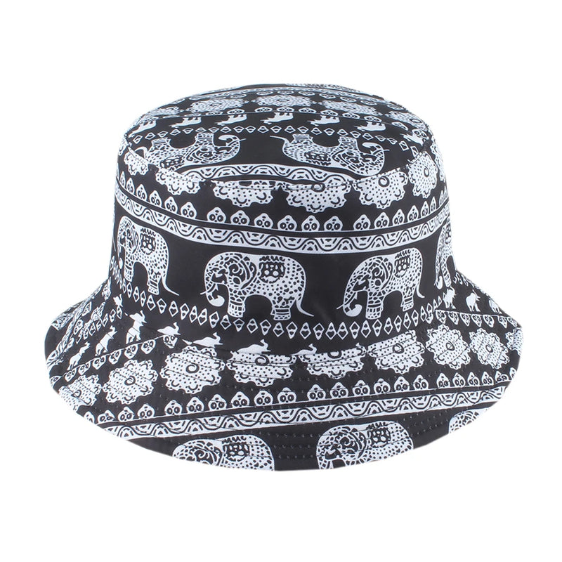 Retro Elephant Print Bucket Hat Reversible Summer Panama Beach Cap