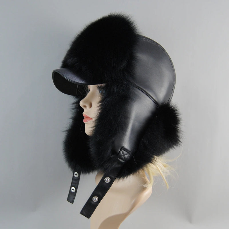 Real Leather Fox Fur Women Hat Snow Skiing Earflap Winter Outdoor Cap