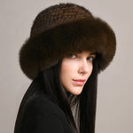 Natural Knitted Mink Fur Hat Cap Women Handmade Knit Headwear Beanies