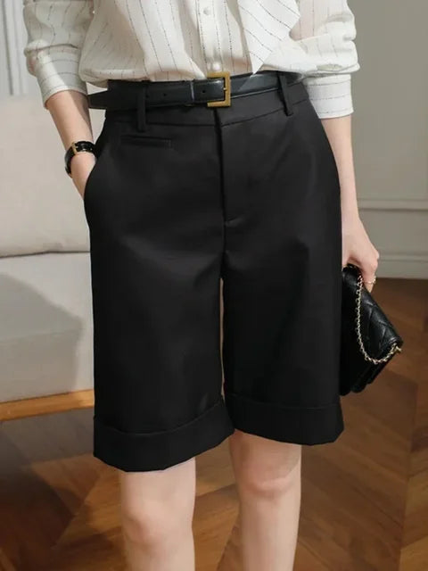 Shorts for Women High Waist Knee Length Straight Pants with Belt