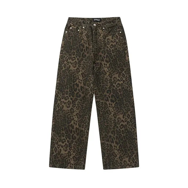 Y2k Spring Autumn Print Leopard Woman Jeans Oversize Wide Leg Pants