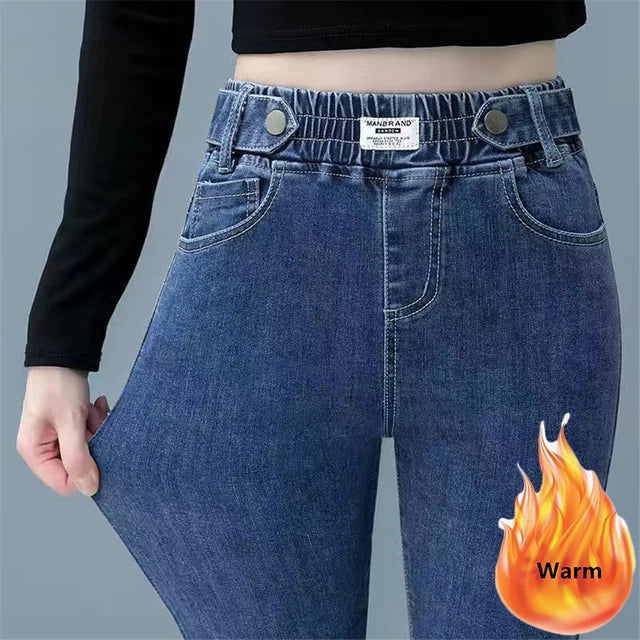 Skinny Denim Pencil Pants Women Casual Plush Velvet Lined Warm Jeans