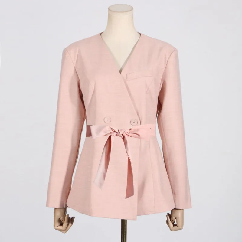 V-Neck Tie Front Blazer and Pants Outfit Office Elegant Two Piece Set-Wear To Work Sets-Arimonz-Arimonz