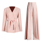 V-Neck Tie Front Blazer and Pants Outfit Office Elegant Two Piece Set-Wear To Work Sets-Arimonz-Pink-S (US-4)-Arimonz