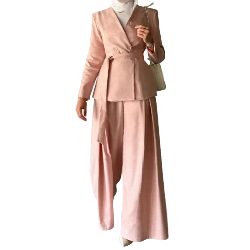 V-Neck Tie Front Blazer and Pants Outfit Office Elegant Two Piece Set-Wear To Work Sets-Arimonz-Arimonz