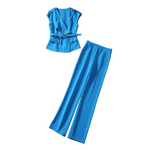 V Neck Top and Pants Set Elegant Runway Fashion Trousers Suit Set-Wear To Work Sets-Arimonz-Blue-S-Arimonz