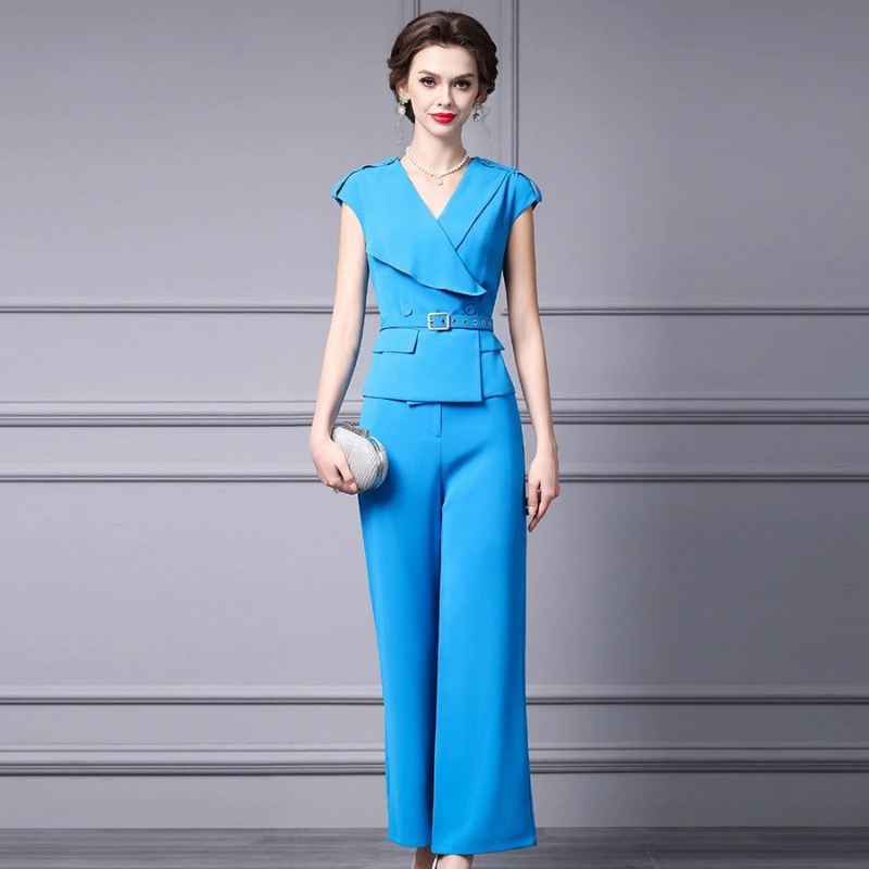 V Neck Top and Pants Set Elegant Runway Fashion Trousers Suit Set-Wear To Work Sets-Arimonz-Arimonz