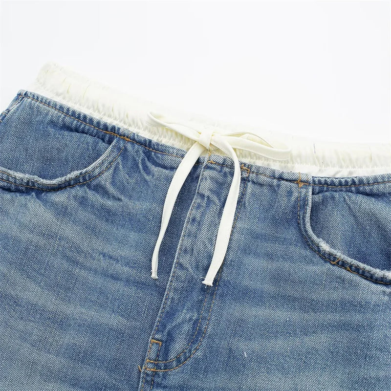 Versatile European And American Style Casual Patchwork Denim Skirt-Denim Skirts-Arimonz-Arimonz