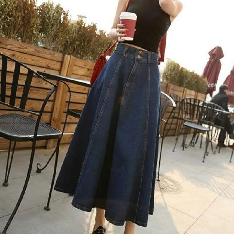 Vintage Denim Long Skirts High Waist Midi Skirt Loose A-Line Skirt-Denim Skirts-Arimonz-Arimonz