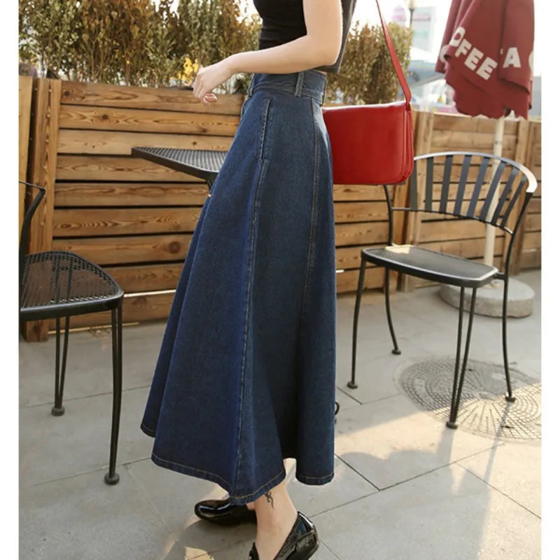 Vintage Denim Long Skirts High Waist Midi Skirt Loose A-Line Skirt-Denim Skirts-Arimonz-Arimonz
