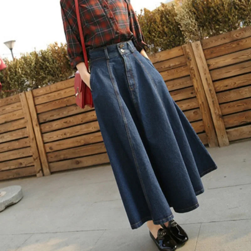 Vintage Denim Long Skirts High Waist Midi Skirt Loose A-Line Skirt-Denim Skirts-Arimonz-Arimonz