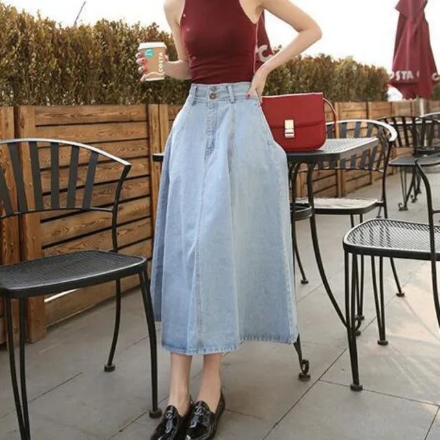 Vintage Denim Long Skirts High Waist Midi Skirt Loose A-Line Skirt-Denim Skirts-Arimonz-Light Blue-2XL-Arimonz